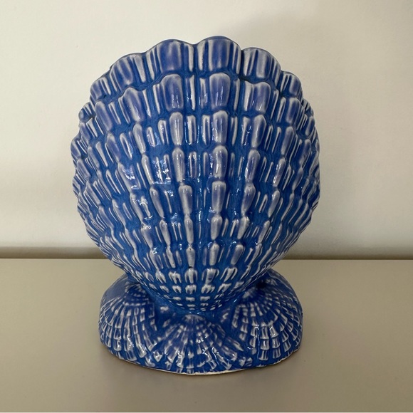 Anthropologie Vintage Hollywood Regency Coastal Shell Vase Cachepot Blue Glaze - Picture 2 of 8